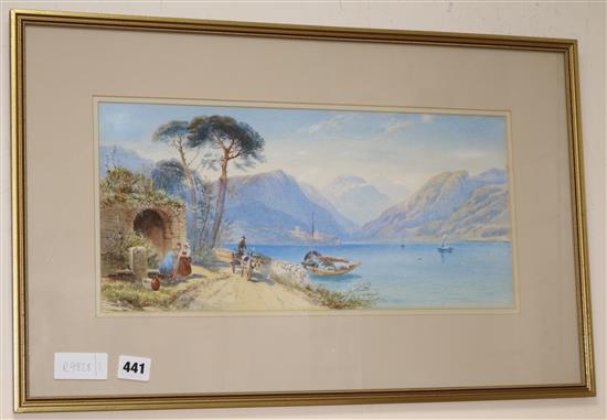 Late 19th century Italian School, gouache, Figures by an Italian lake, 20 x 44cm